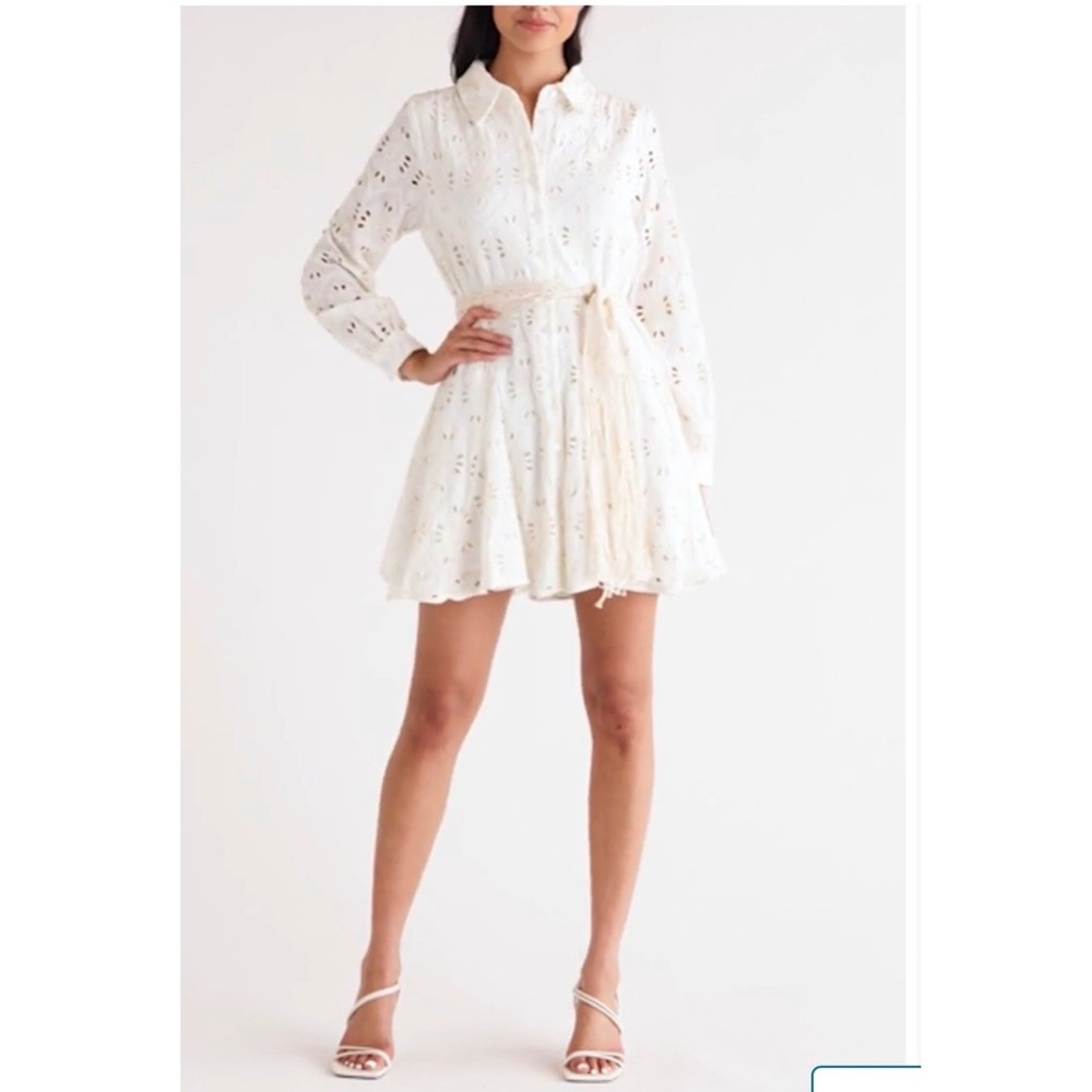 CIEBON Serane Embroidered Long Sleeve Mini Shirtdress Womens XSmall